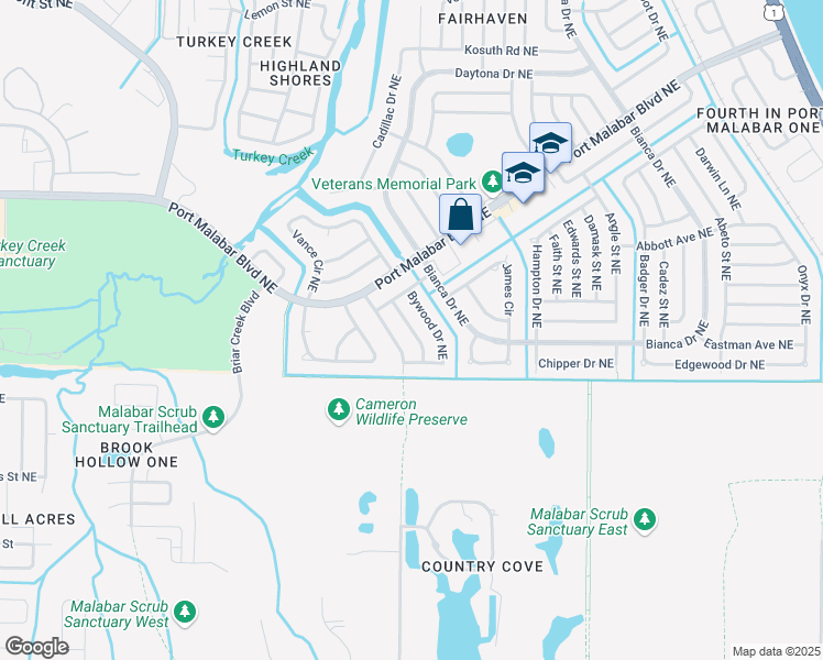 map of restaurants, bars, coffee shops, grocery stores, and more near Cobblestone Lane Northeast in Palm Bay