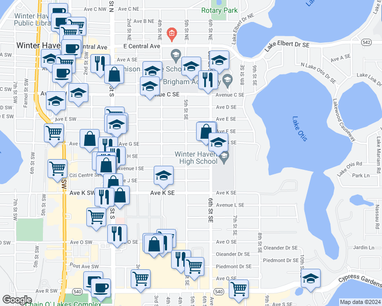 map of restaurants, bars, coffee shops, grocery stores, and more near 503 Avenue H Southeast in Winter Haven