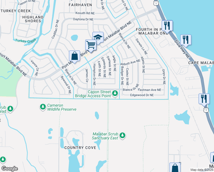 map of restaurants, bars, coffee shops, grocery stores, and more near 756 Bianca Drive Northeast in Palm Bay