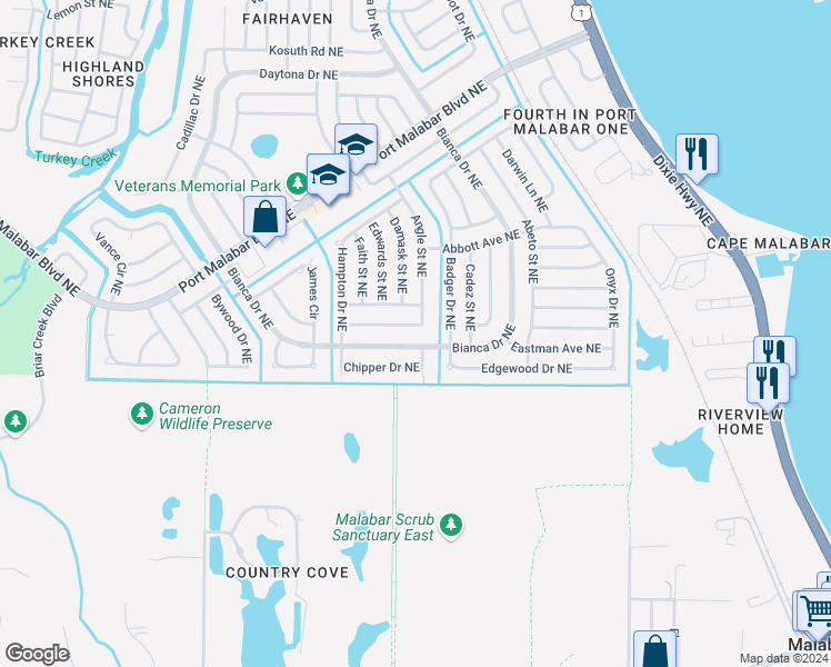 map of restaurants, bars, coffee shops, grocery stores, and more near 2990 Gemini Avenue Northeast in Palm Bay