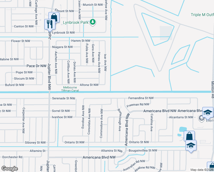 map of restaurants, bars, coffee shops, grocery stores, and more near 600 Altona Street Northwest in Palm Bay