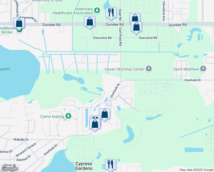 map of restaurants, bars, coffee shops, grocery stores, and more near 701 Overlook Drive in Cypress Gardens