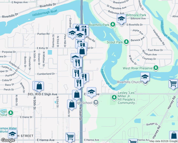 map of restaurants, bars, coffee shops, grocery stores, and more near 7011 San Ramon Place in Tampa