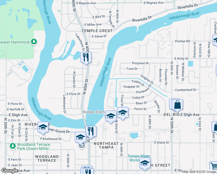map of restaurants, bars, coffee shops, grocery stores, and more near 7352 East Bank Drive in Tampa