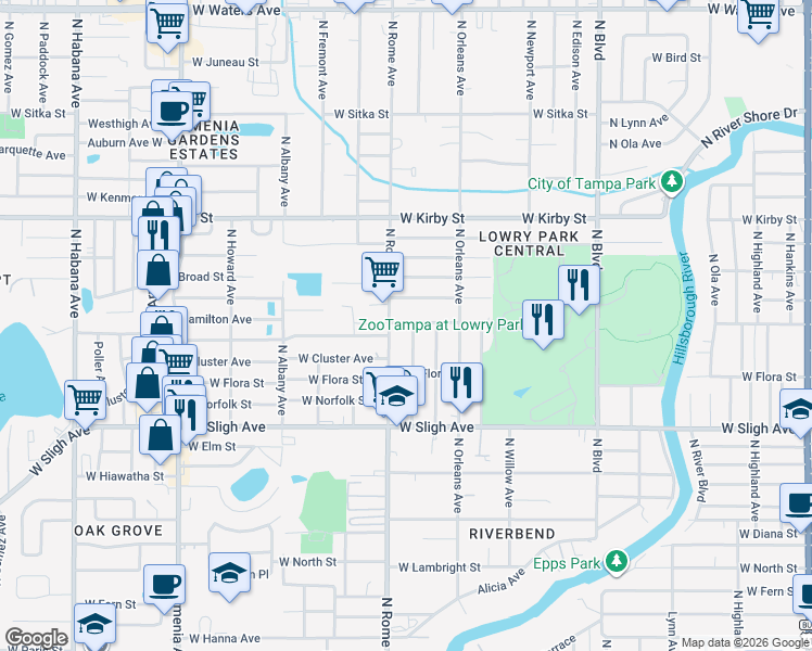 map of restaurants, bars, coffee shops, grocery stores, and more near 7117 North Rome Avenue in Tampa