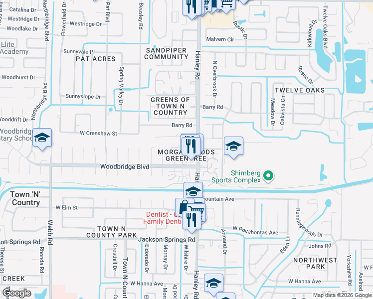 map of restaurants, bars, coffee shops, grocery stores, and more near 7006 Hanley Road in Tampa