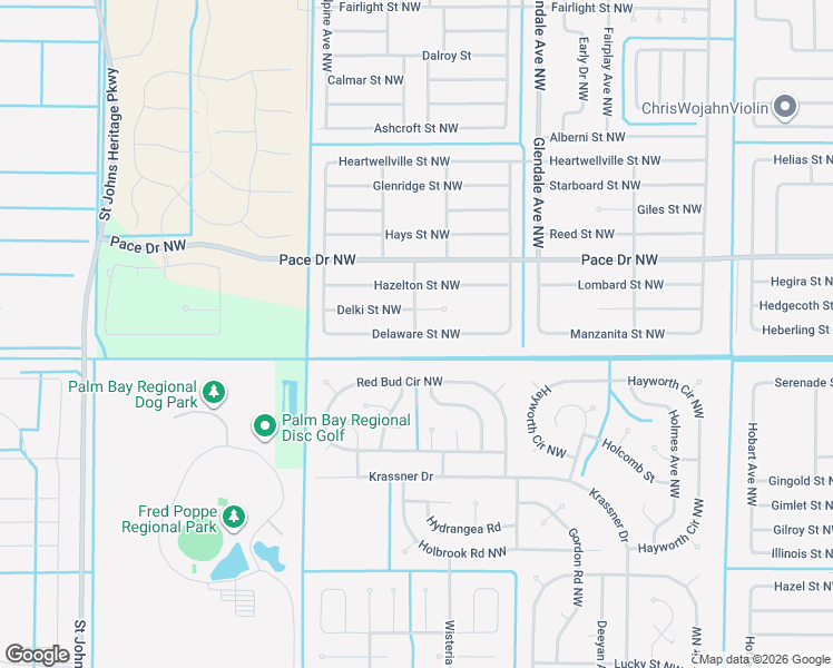 map of restaurants, bars, coffee shops, grocery stores, and more near 1799 Delaware Street Northwest in Palm Bay
