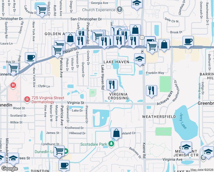 map of restaurants, bars, coffee shops, grocery stores, and more near 913 Michele Circle in Dunedin