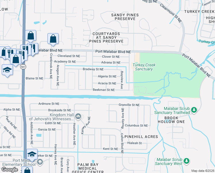 map of restaurants, bars, coffee shops, grocery stores, and more near 2097 Beekman Street Northeast in Palm Bay