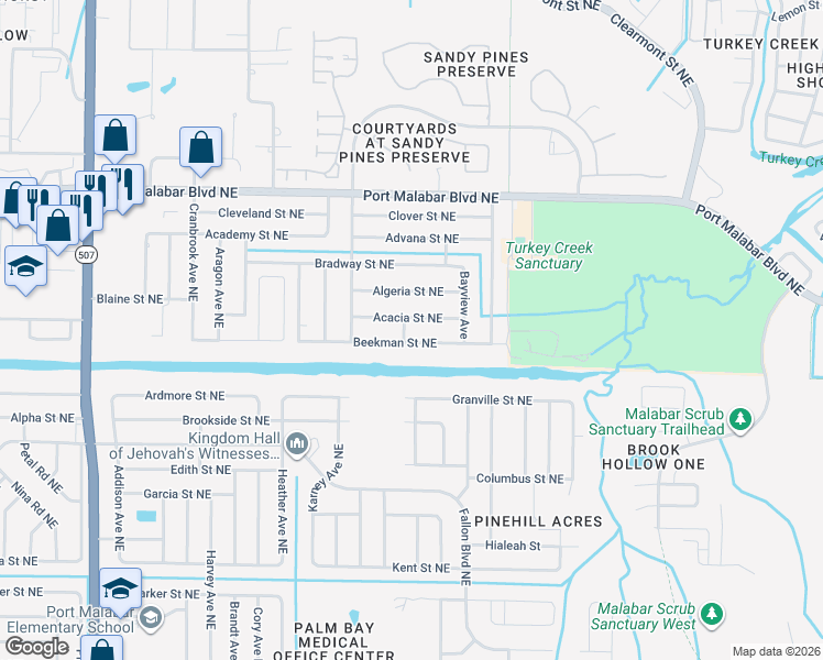 map of restaurants, bars, coffee shops, grocery stores, and more near 2097 Beekman Street Northeast in Palm Bay