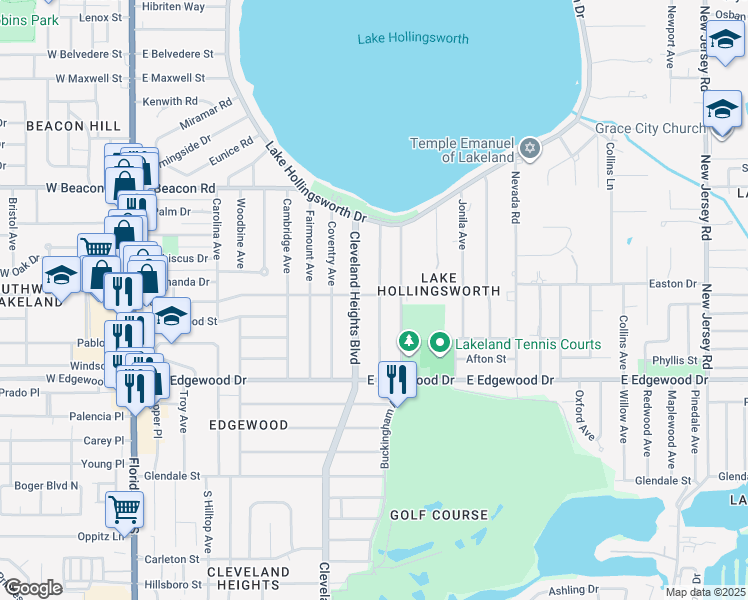 map of restaurants, bars, coffee shops, grocery stores, and more near 2605 Derbyshire Avenue in Lakeland