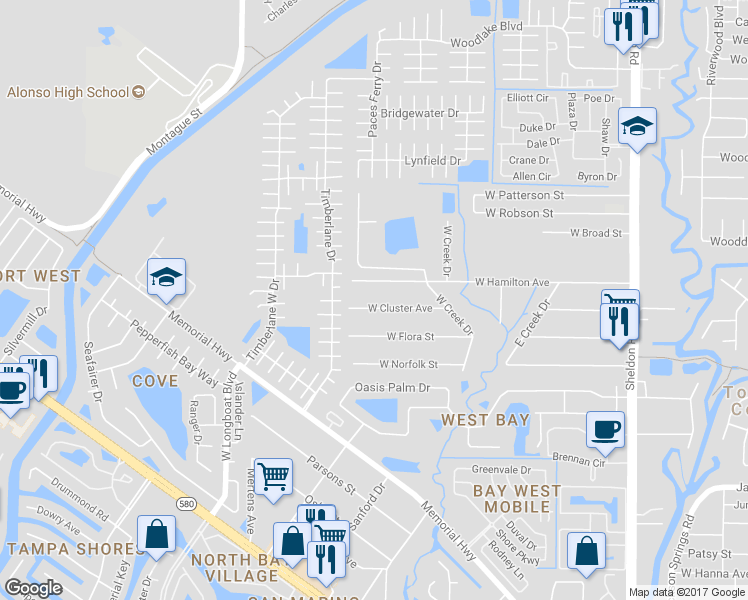 map of restaurants, bars, coffee shops, grocery stores, and more near 9519 West Cluster Avenue in Tampa