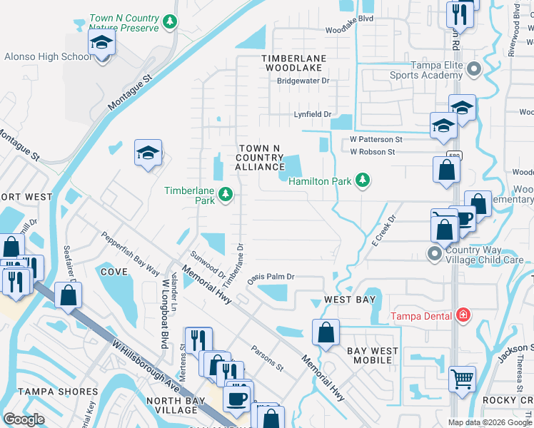 map of restaurants, bars, coffee shops, grocery stores, and more near 9519 West Cluster Avenue in Tampa