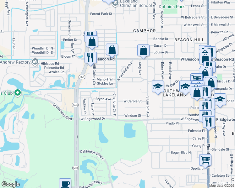 map of restaurants, bars, coffee shops, grocery stores, and more near 2521 South San Gully Road in Lakeland
