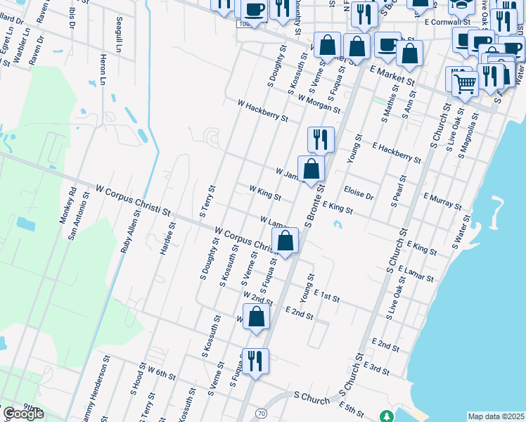 map of restaurants, bars, coffee shops, grocery stores, and more near 311 West Lamar Street in Rockport