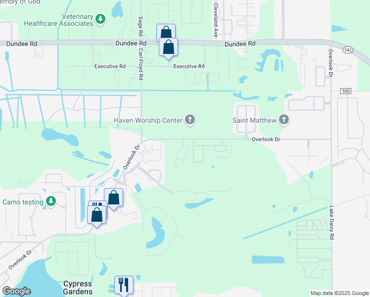 map of restaurants, bars, coffee shops, grocery stores, and more near 1810 Overlook Drive in Winter Haven