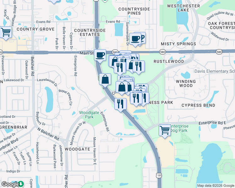 map of restaurants, bars, coffee shops, grocery stores, and more near 26457 US Highway 19 North in Clearwater