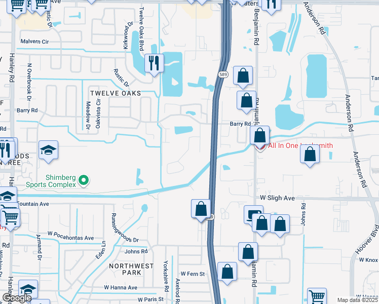 map of restaurants, bars, coffee shops, grocery stores, and more near 6038 Lanshire Drive in Tampa