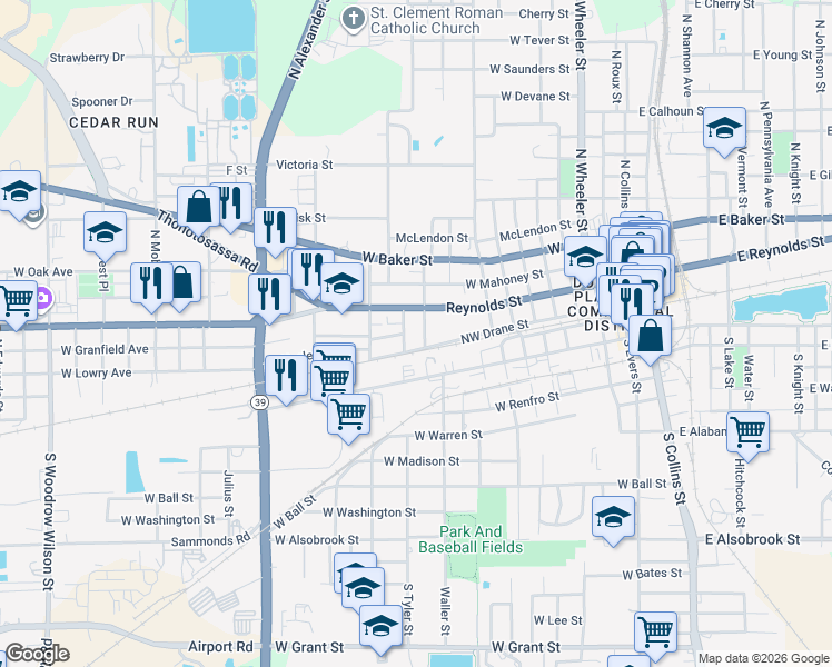 map of restaurants, bars, coffee shops, grocery stores, and more near 102 North Pearl Street in Plant City