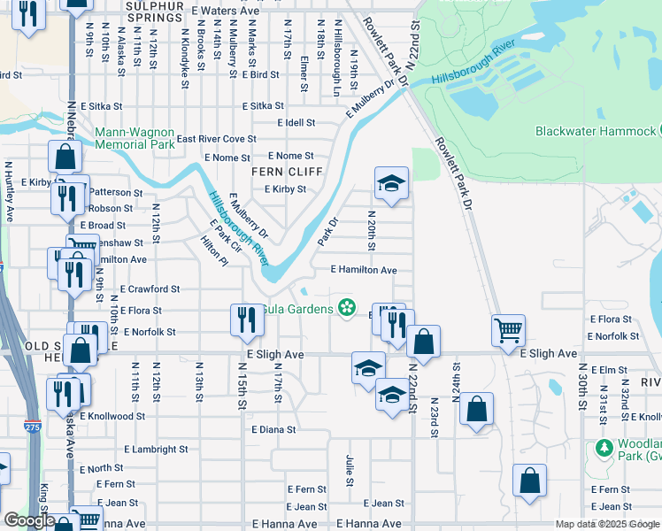 map of restaurants, bars, coffee shops, grocery stores, and more near 1901 East Hamilton Avenue in Tampa