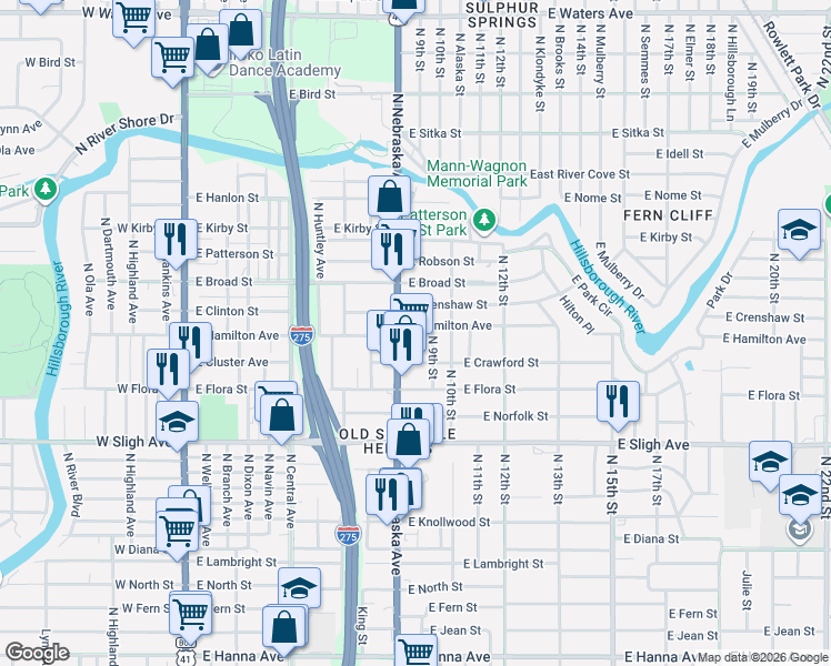 map of restaurants, bars, coffee shops, grocery stores, and more near 7277 North Nebraska Avenue in Tampa