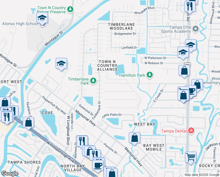 map of restaurants, bars, coffee shops, grocery stores, and more near 9519 West Cluster Avenue in Tampa