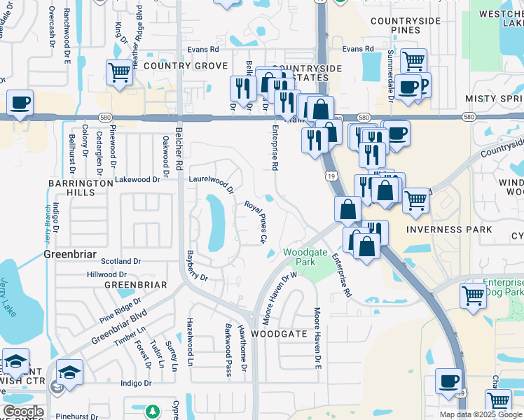 map of restaurants, bars, coffee shops, grocery stores, and more near 2543 Royal Pines Circle in Clearwater