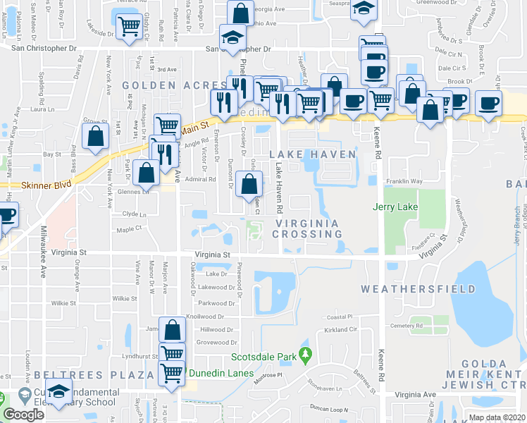 map of restaurants, bars, coffee shops, grocery stores, and more near 832 Cambridge Court in Dunedin