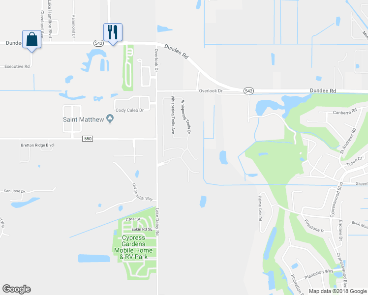 map of restaurants, bars, coffee shops, grocery stores, and more near 2595 Whispering Trails Lane in Winter Haven