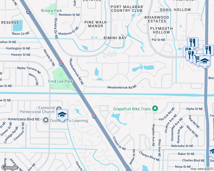 map of restaurants, bars, coffee shops, grocery stores, and more near 1251 Meadowbrook Road Northeast in Palm Bay