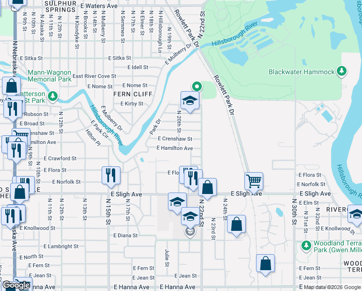 map of restaurants, bars, coffee shops, grocery stores, and more near 1919 East Hamilton Avenue in Tampa