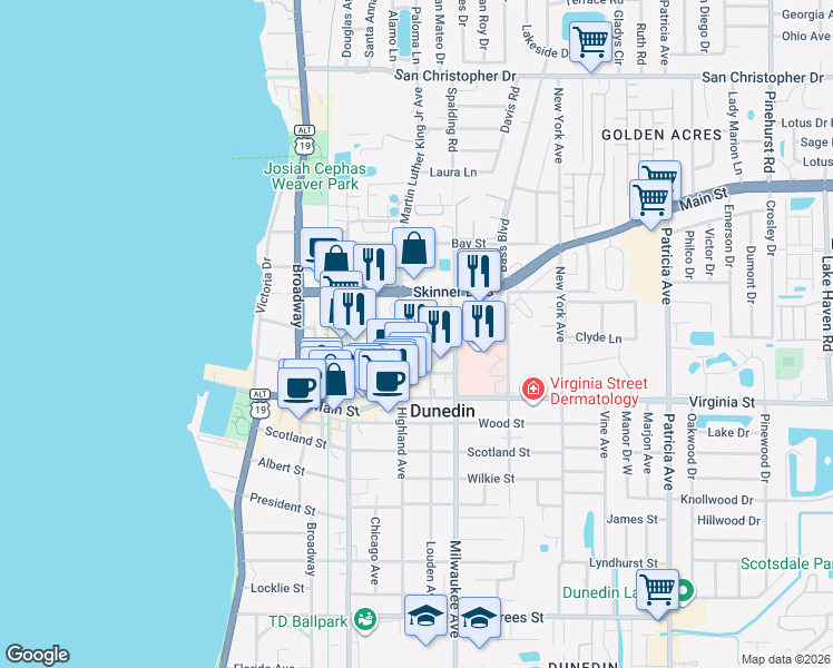 map of restaurants, bars, coffee shops, grocery stores, and more near 914 Louden Avenue in Dunedin