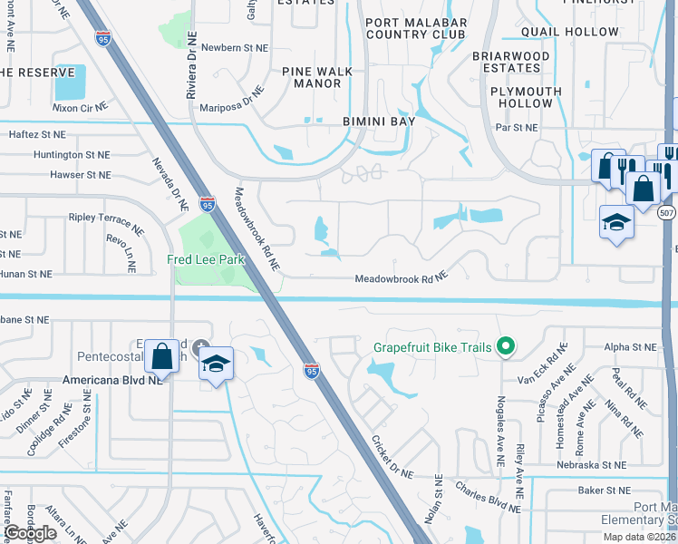 map of restaurants, bars, coffee shops, grocery stores, and more near 1250 Meadowbrook Road Northeast in Palm Bay