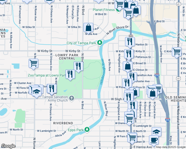 map of restaurants, bars, coffee shops, grocery stores, and more near 7525 North Boulevard in Tampa