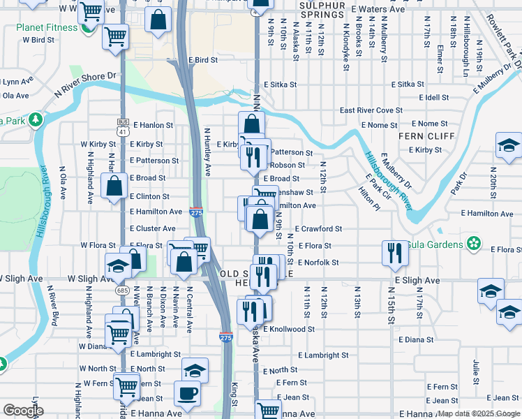 map of restaurants, bars, coffee shops, grocery stores, and more near 7277 North Nebraska Avenue in Tampa