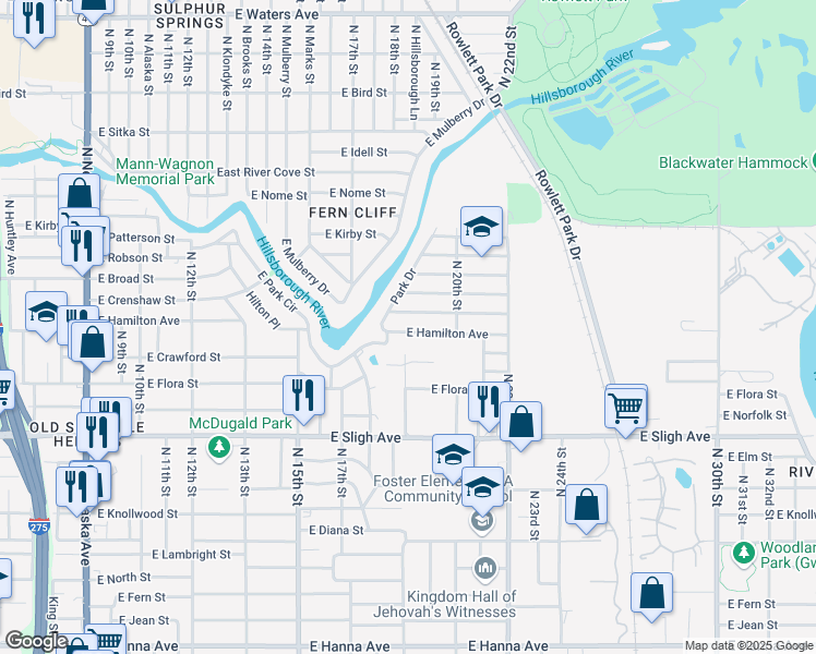map of restaurants, bars, coffee shops, grocery stores, and more near 1901 East Hamilton Avenue in Tampa