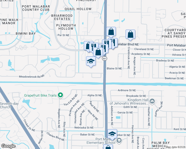 map of restaurants, bars, coffee shops, grocery stores, and more near 1649 Arcot Circle Northeast in Palm Bay