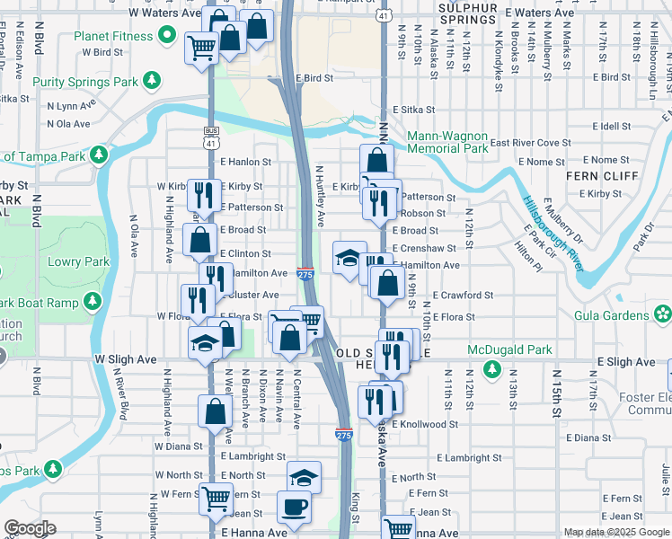 map of restaurants, bars, coffee shops, grocery stores, and more near 7300 North Taliaferro Avenue in Tampa