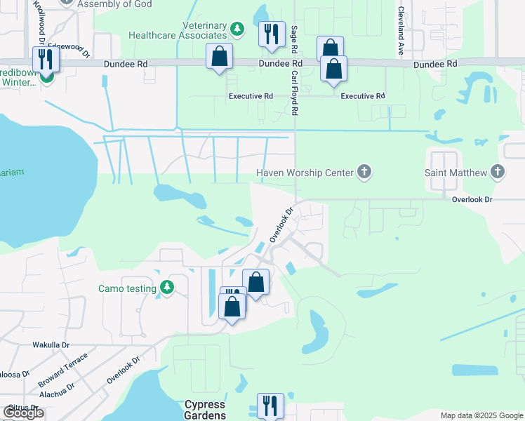 map of restaurants, bars, coffee shops, grocery stores, and more near 701 Overlook Drive in Cypress Gardens