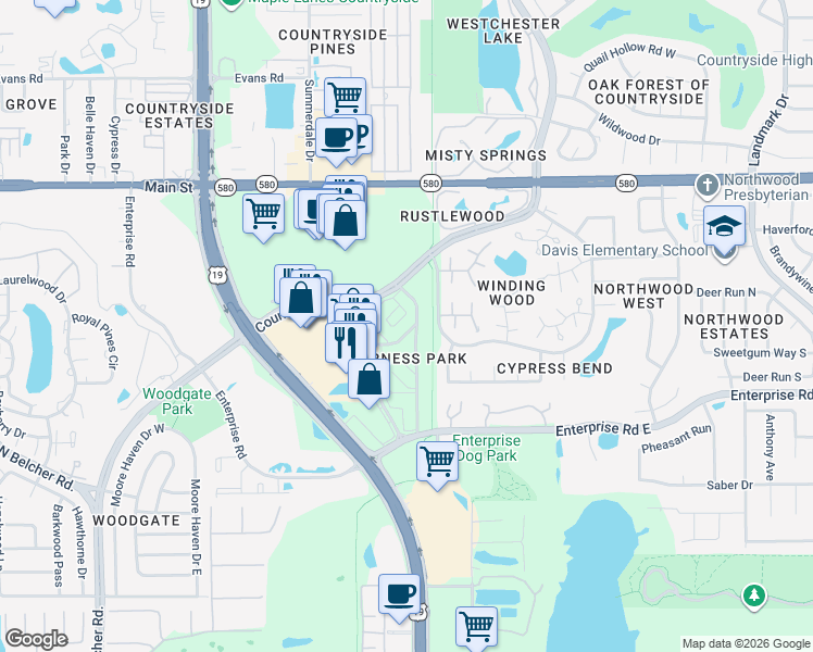 map of restaurants, bars, coffee shops, grocery stores, and more near 2591 Countryside Boulevard in Clearwater