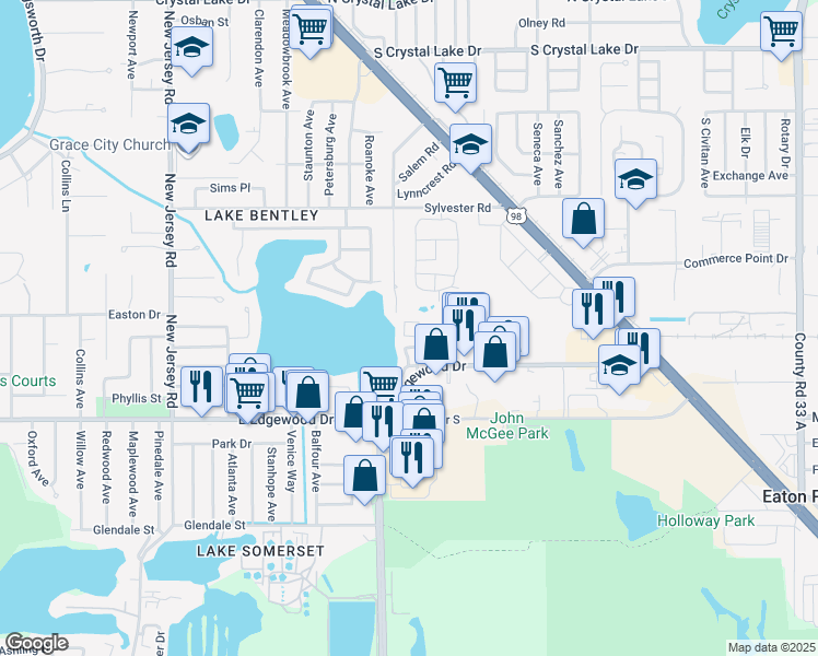 map of restaurants, bars, coffee shops, grocery stores, and more near 2020 East Edgewood Drive in Lakeland
