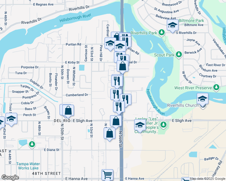 map of restaurants, bars, coffee shops, grocery stores, and more near 7402 North 56th Street in Tampa