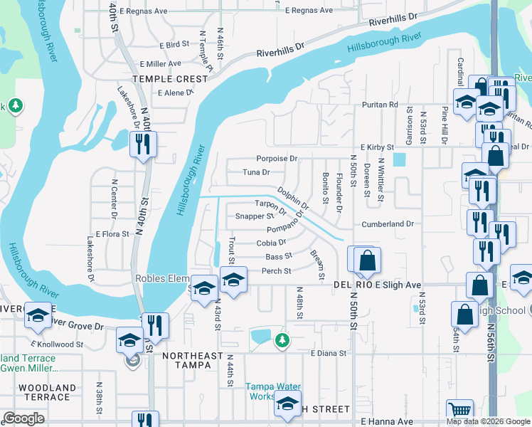 map of restaurants, bars, coffee shops, grocery stores, and more near 4421 Snapper Street in Tampa