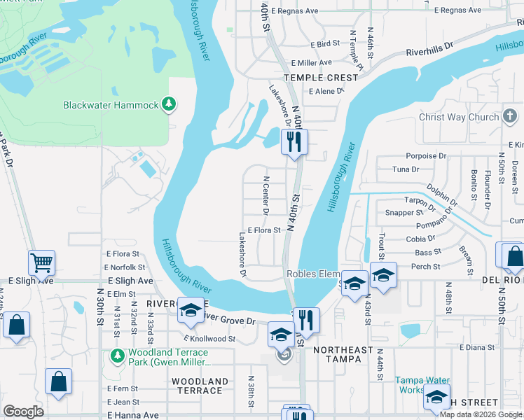map of restaurants, bars, coffee shops, grocery stores, and more near 3801 East Crawford Street in Tampa