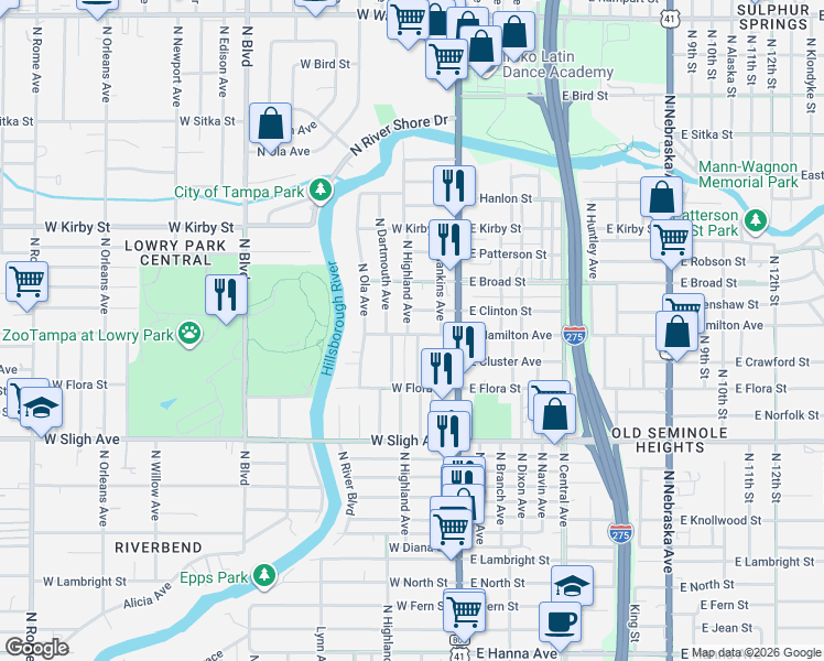 map of restaurants, bars, coffee shops, grocery stores, and more near 7213 North Duncan Avenue in Tampa