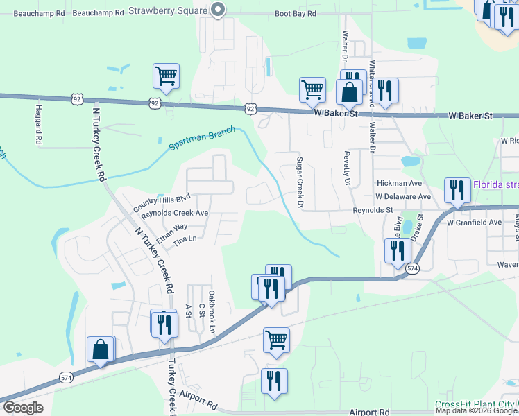 map of restaurants, bars, coffee shops, grocery stores, and more near 3909 Creek Woods Drive in Plant City