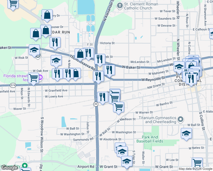 map of restaurants, bars, coffee shops, grocery stores, and more near 109 North Baranca Street in Plant City
