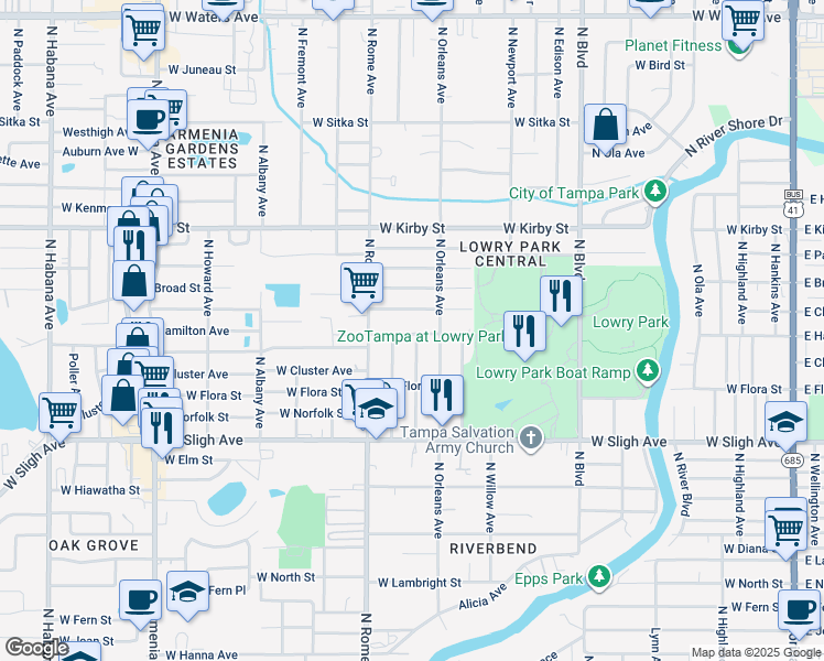 map of restaurants, bars, coffee shops, grocery stores, and more near 1501 West Hamilton Avenue in Tampa
