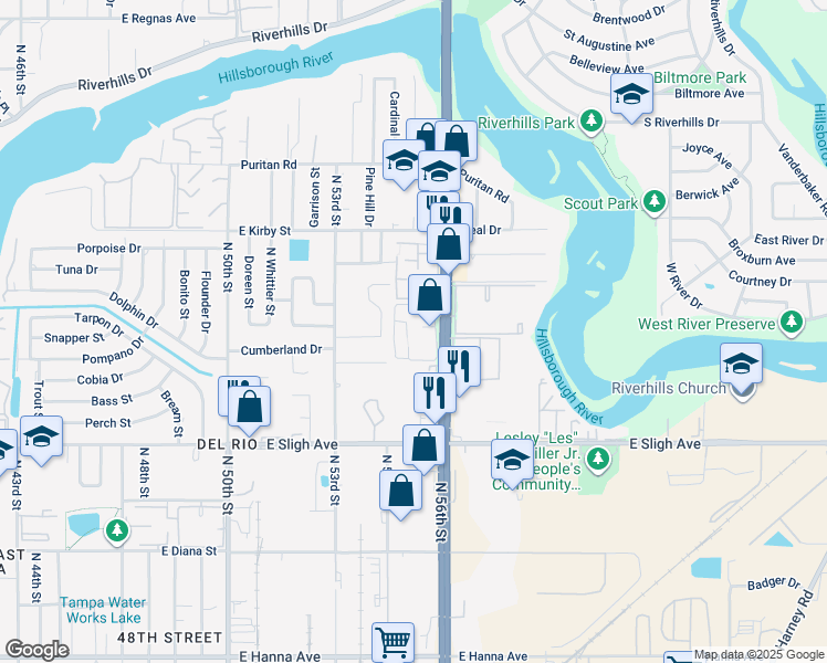 map of restaurants, bars, coffee shops, grocery stores, and more near 7402 North 56th Street in Tampa