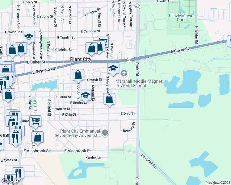 map of restaurants, bars, coffee shops, grocery stores, and more near 1601 East Doctor Martin Luther King Junior Boulevard in Plant City